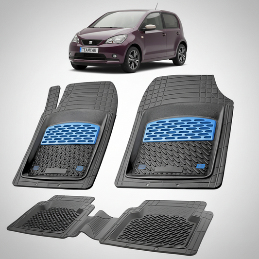 set de covorase din cauciuc negre cu accente albastre cu un seat mii hatchback 5 usi violet in fundal