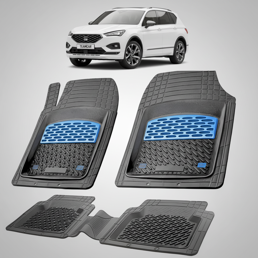 set de covorase din cauciuc negre cu accente albastre cu un seat tarraco suv facelift alb in fundal