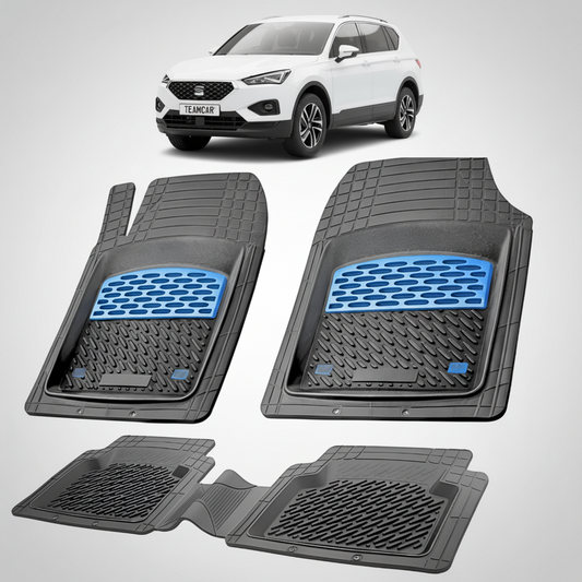 set de covorase din cauciuc negre cu accente albastre cu un seat tarraco mk1 suv alb in fundal