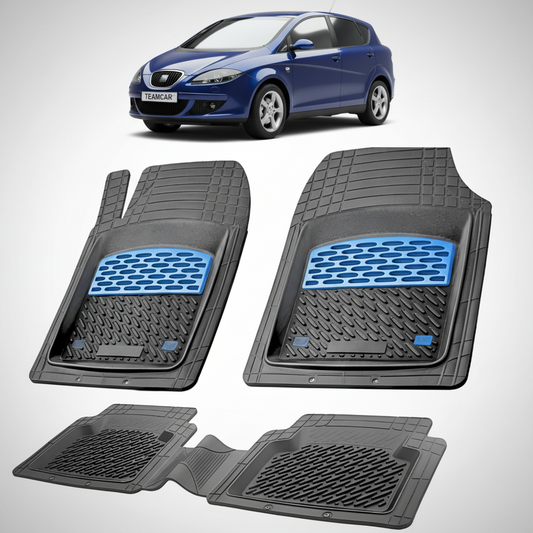 set de covorase din cauciuc negre cu accente albastre cu un seat toledo iii sedan gen 3 albastru in fundal