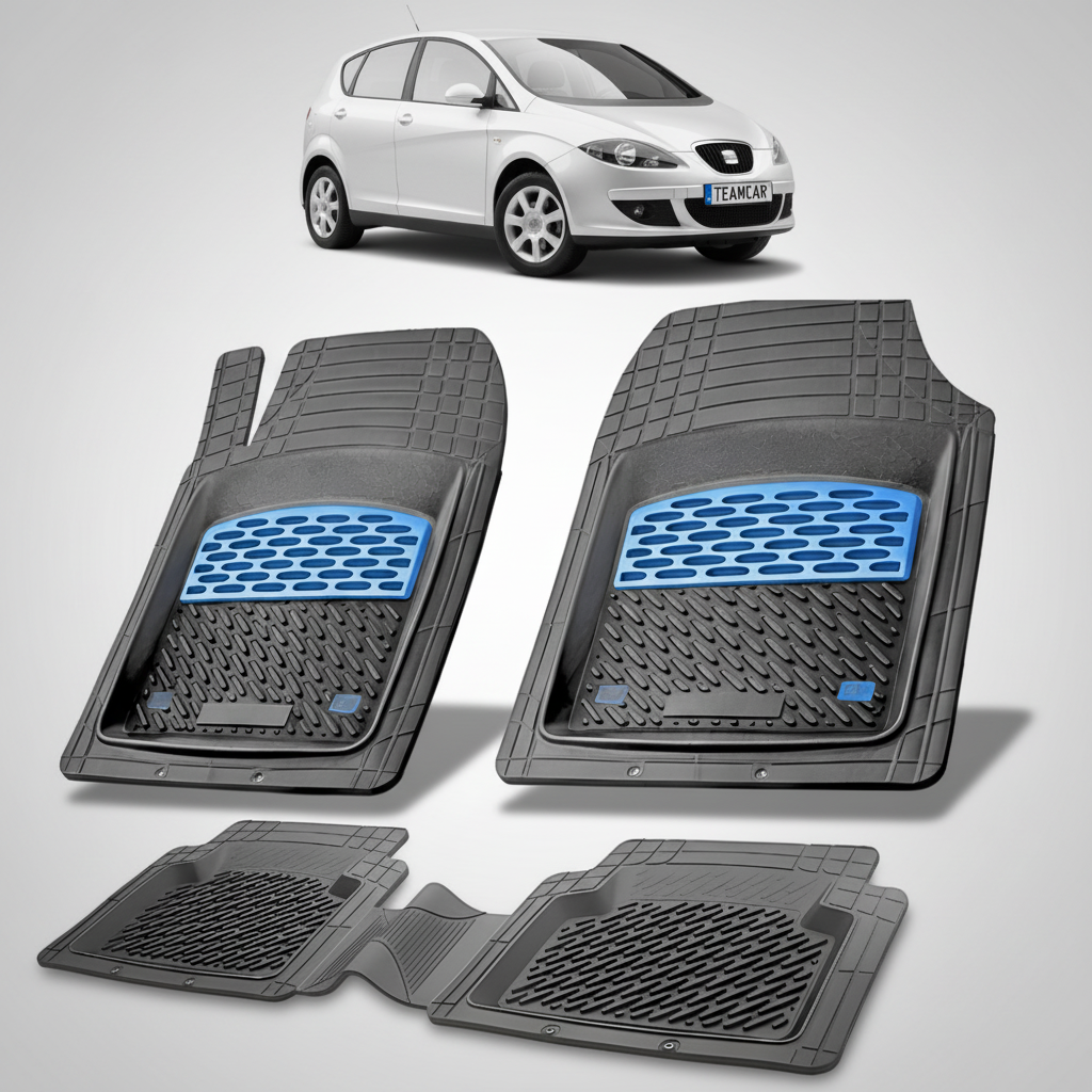 set de covorase din cauciuc negre cu accente albastre cu un seat toledo mk3 mpv argintiu in fundal