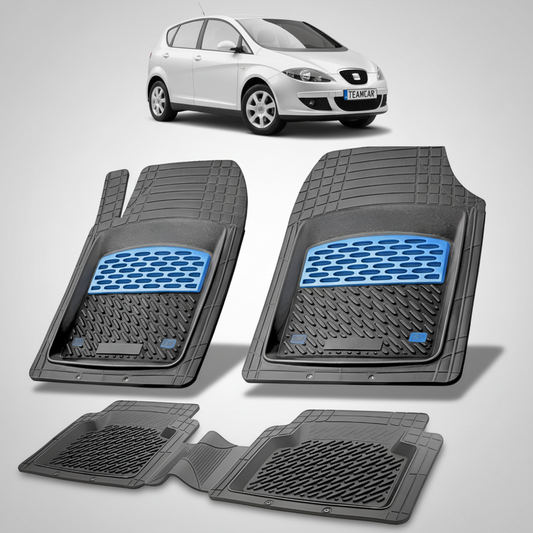 set de covorase din cauciuc negre cu accente albastre cu un seat toledo mk3 mpv argintiu in fundal