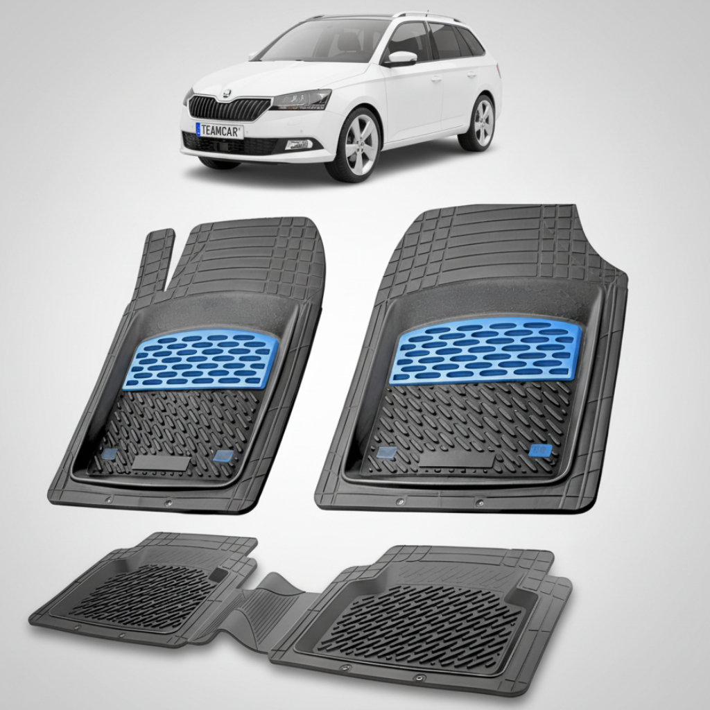 set de covorase din cauciuc negre cu accente albastre cu o skoda fabia iii combi facelift alba in fundal
