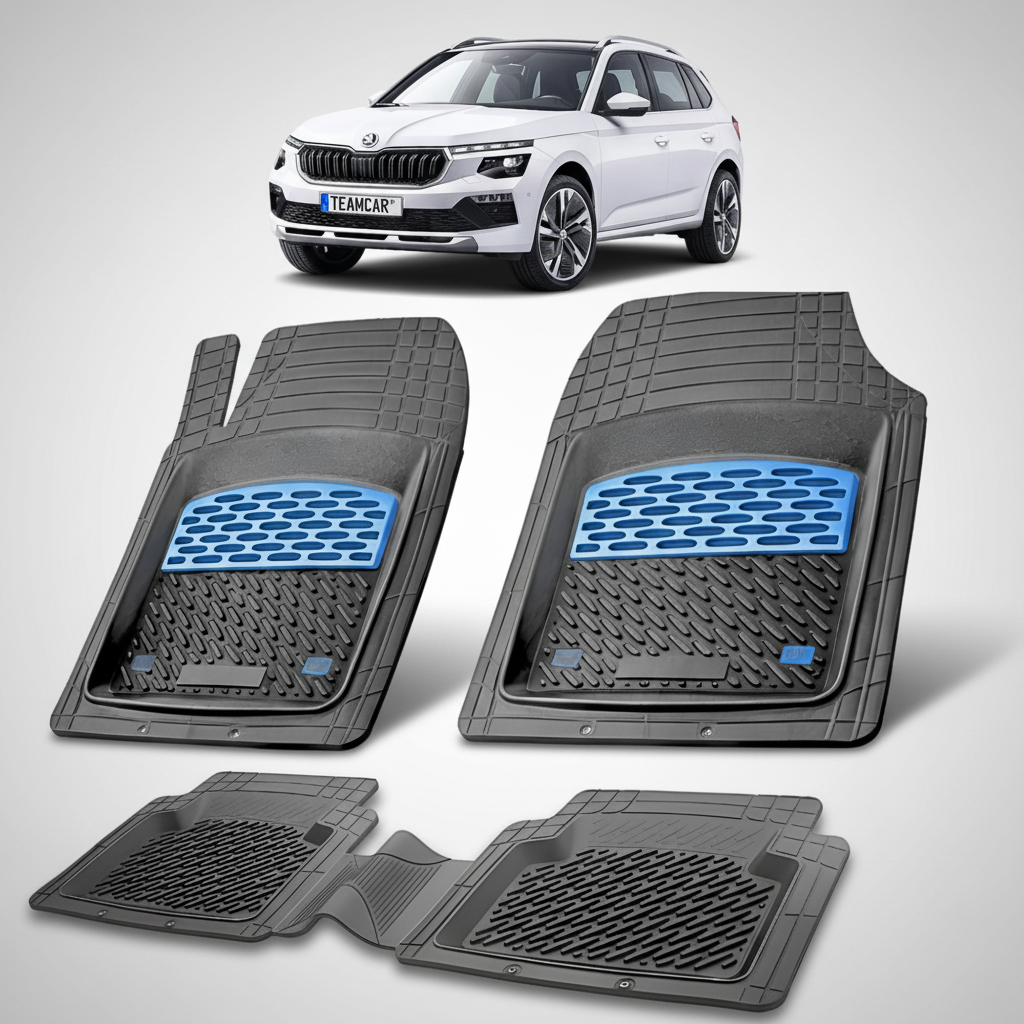 set de covorase din cauciuc negre cu accente albastre cu o skoda kamiq facelift alba in fundal