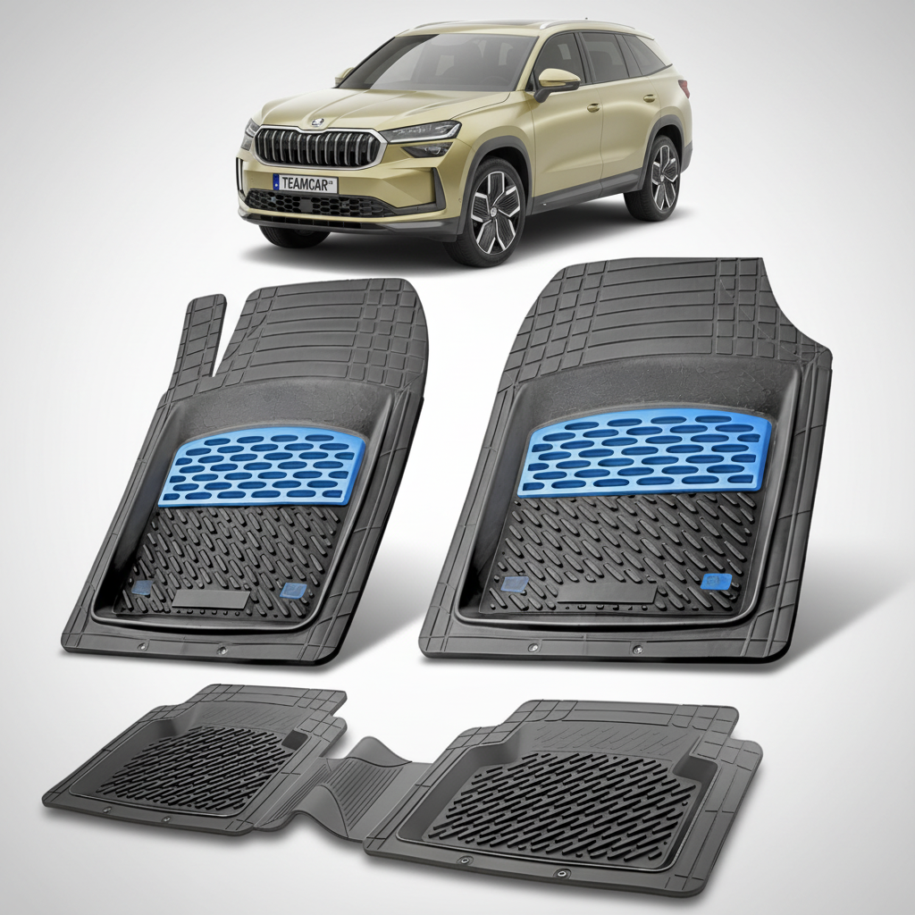 set de covorase din cauciuc negre cu accente albastre cu o skoda kodiaq ii auriu-bronz in fundal