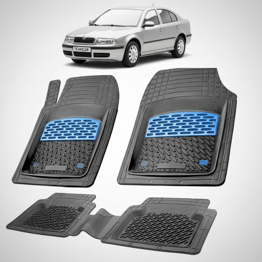 set de covorase din cauciuc negre cu accente albastre cu o skoda octavia i liftback argintie in fundal