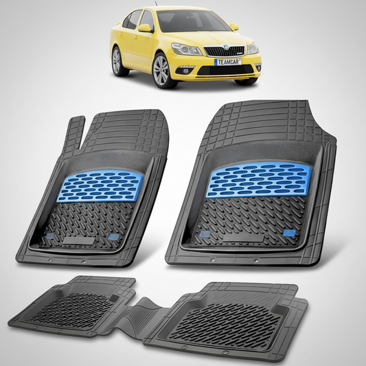 set de covorase din cauciuc negre cu accente albastre cu o skoda octavia ii liftback galben deschis in fundal