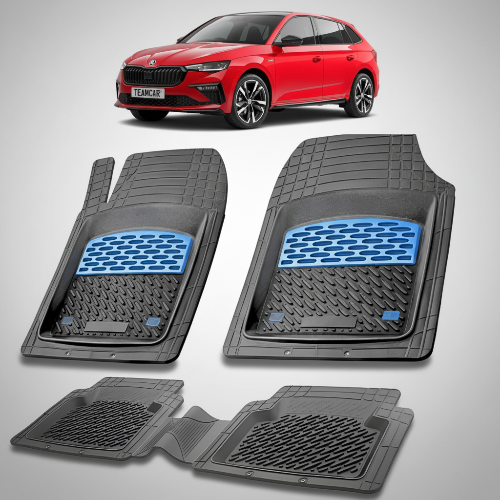 set de covorase din cauciuc negre cu accente albastre cu o skoda scala hatchback facelift rosie in fundal