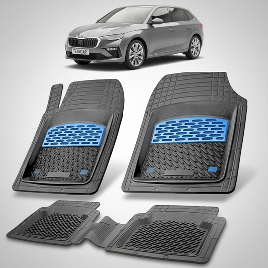 set de covorase din cauciuc negre cu accente albastre cu o skoda scala i gri in fundal