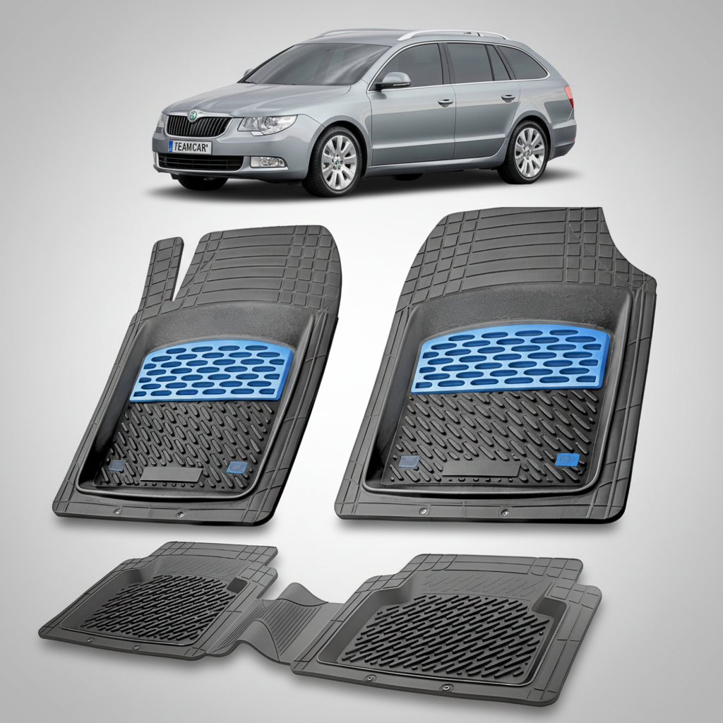 set de covorase din cauciuc negre cu accente albastre cu o skoda superb ii combi gri in fundal