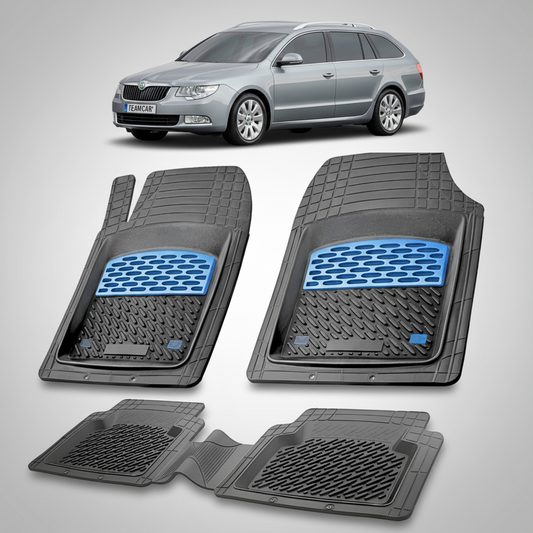 set de covorase din cauciuc negre cu accente albastre cu o skoda superb ii combi gri in fundal