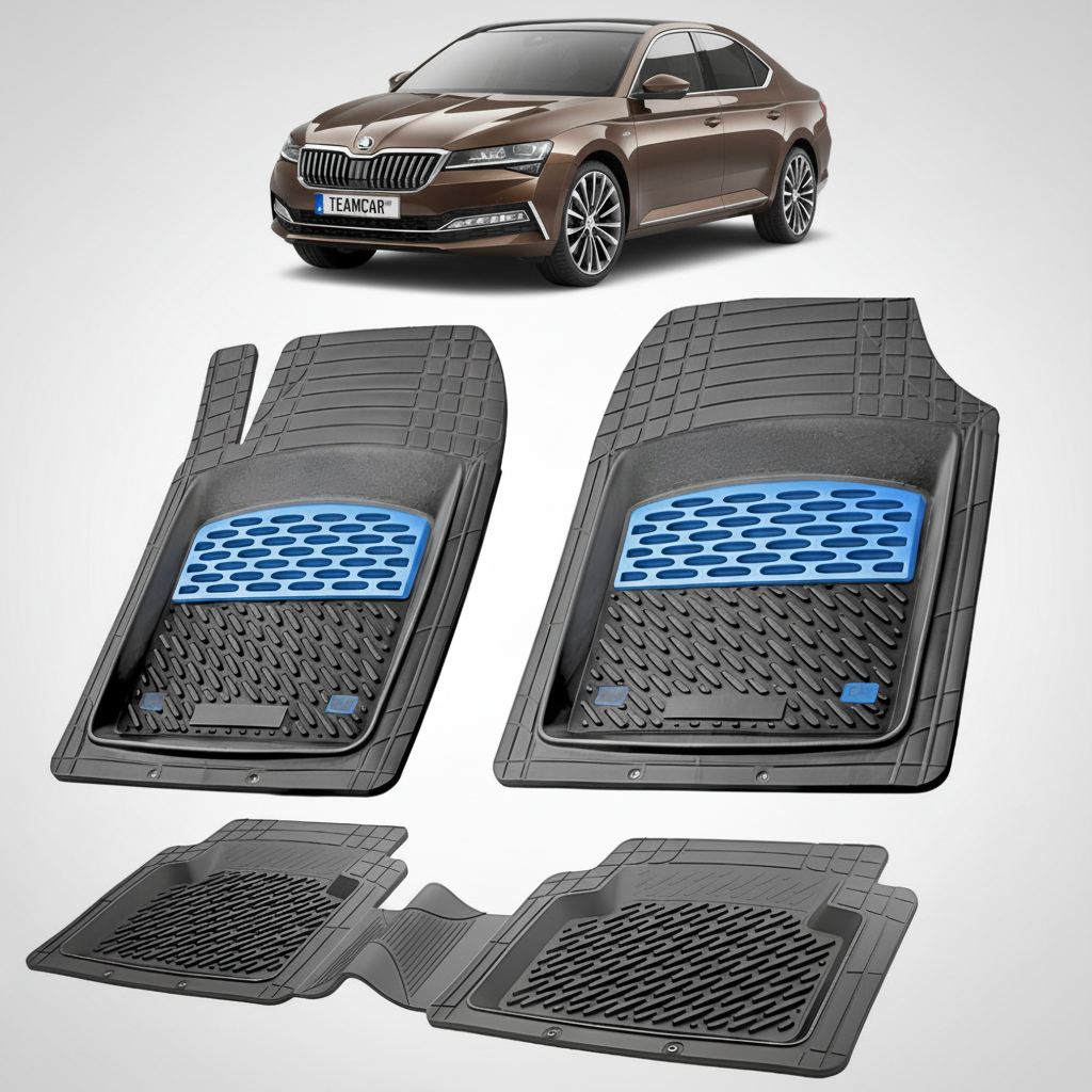 set de covorase din cauciuc negre cu accente albastre cu o skoda superb iii liftback facelift maro in fundal