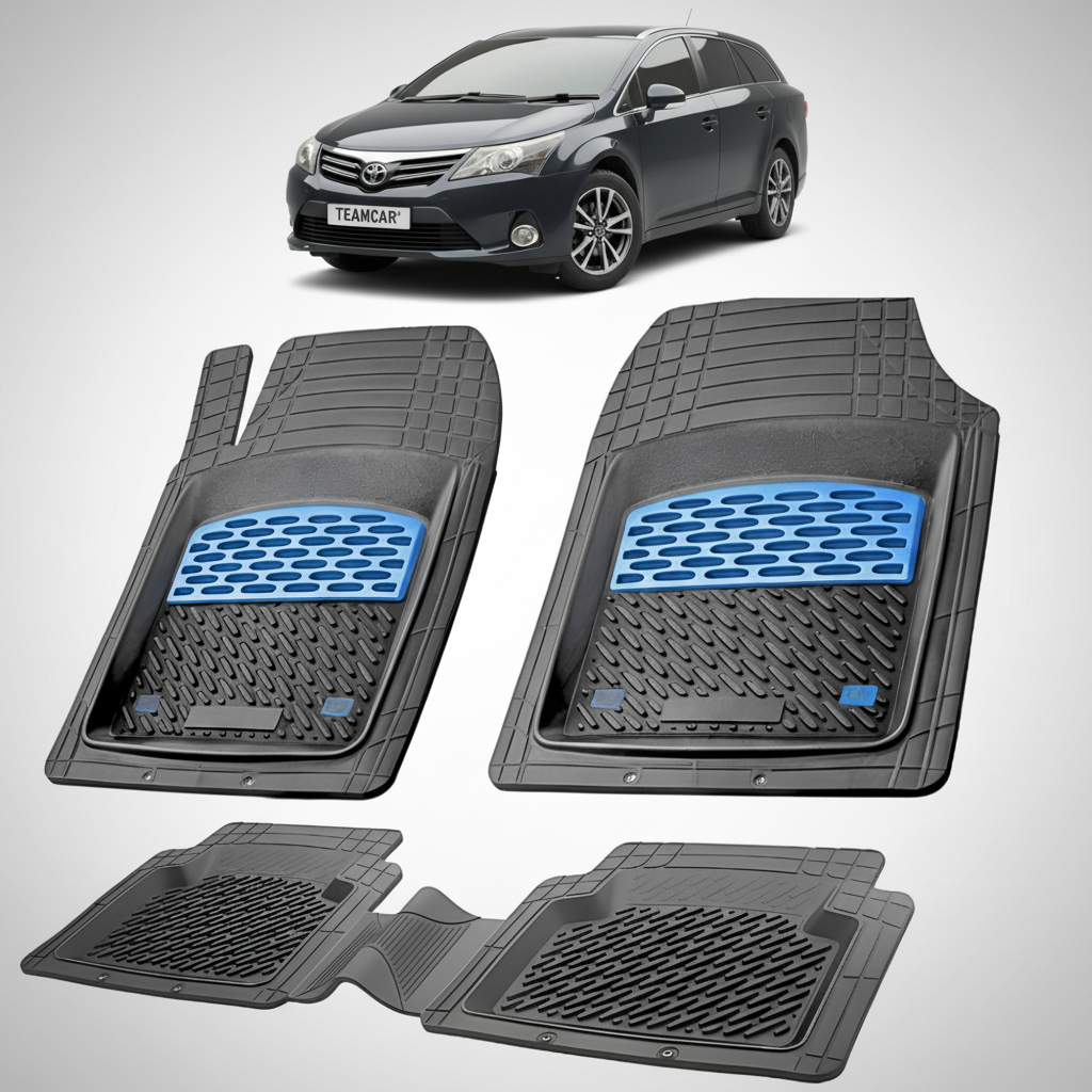 set de covorase din cauciuc negre cu accente albastre cu o toyota avensis t27 estate neagra in fundal