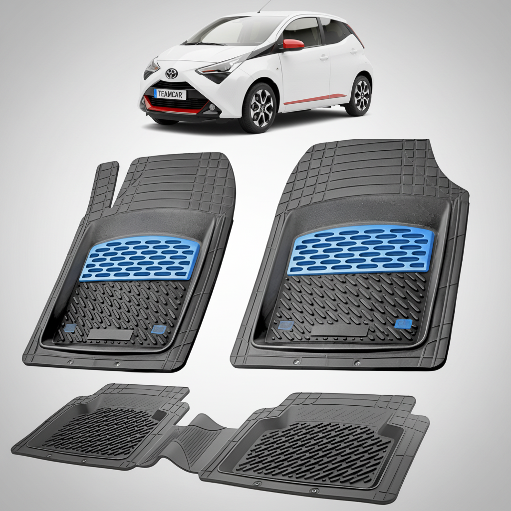 set de covorase din cauciuc negre cu accente albastre cu o toyota aygo ab40 hatchback alba in fundal