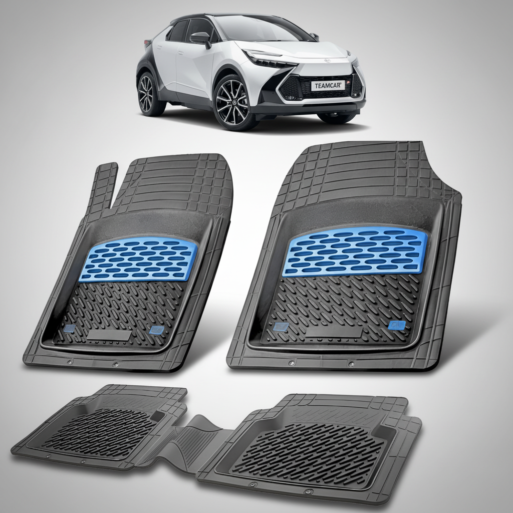 set de covorase din cauciuc negre cu accente albastre cu o toyota c-hr ax20suv compact alba alba in fundal
