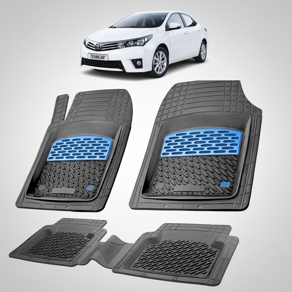 set de covorase din cauciuc negre cu accente albastre cu o toyota corolla e180 sedan alba in fundal