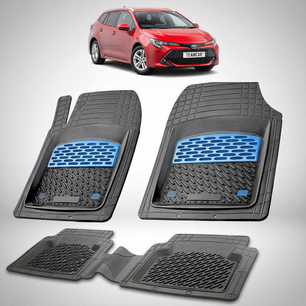 set de covorase din cauciuc negre cu accente albastre cu o toyota corolla e210 touring sports rosie in fundal