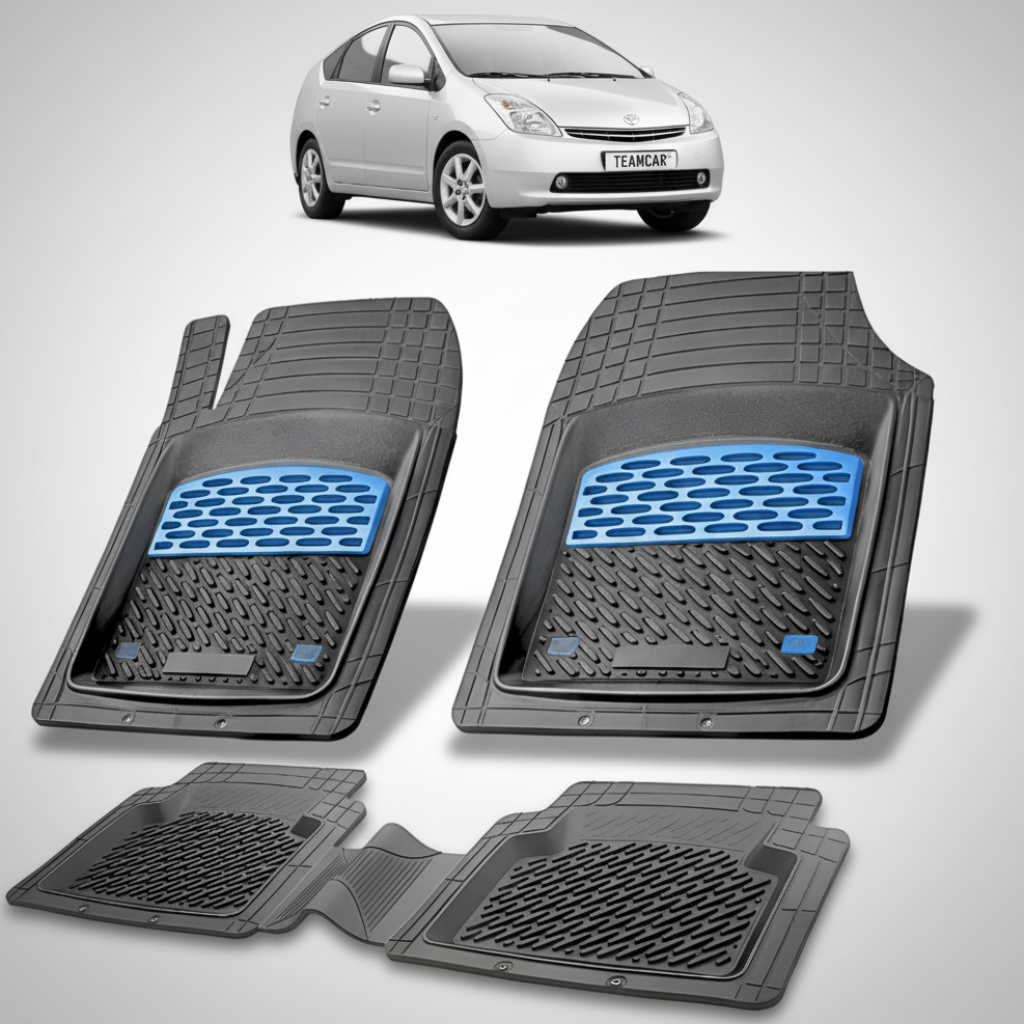 set de covorase din cauciuc negre cu accente albastre cu o toyota prius xw20 hatchback gri in fundal