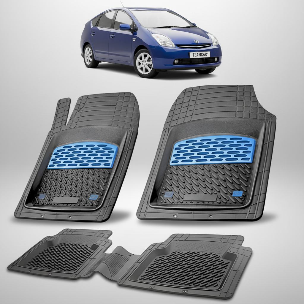set de covorase din cauciuc negre cu accente albastre cu o toyota prius xw20 hatchback albastra in fundal