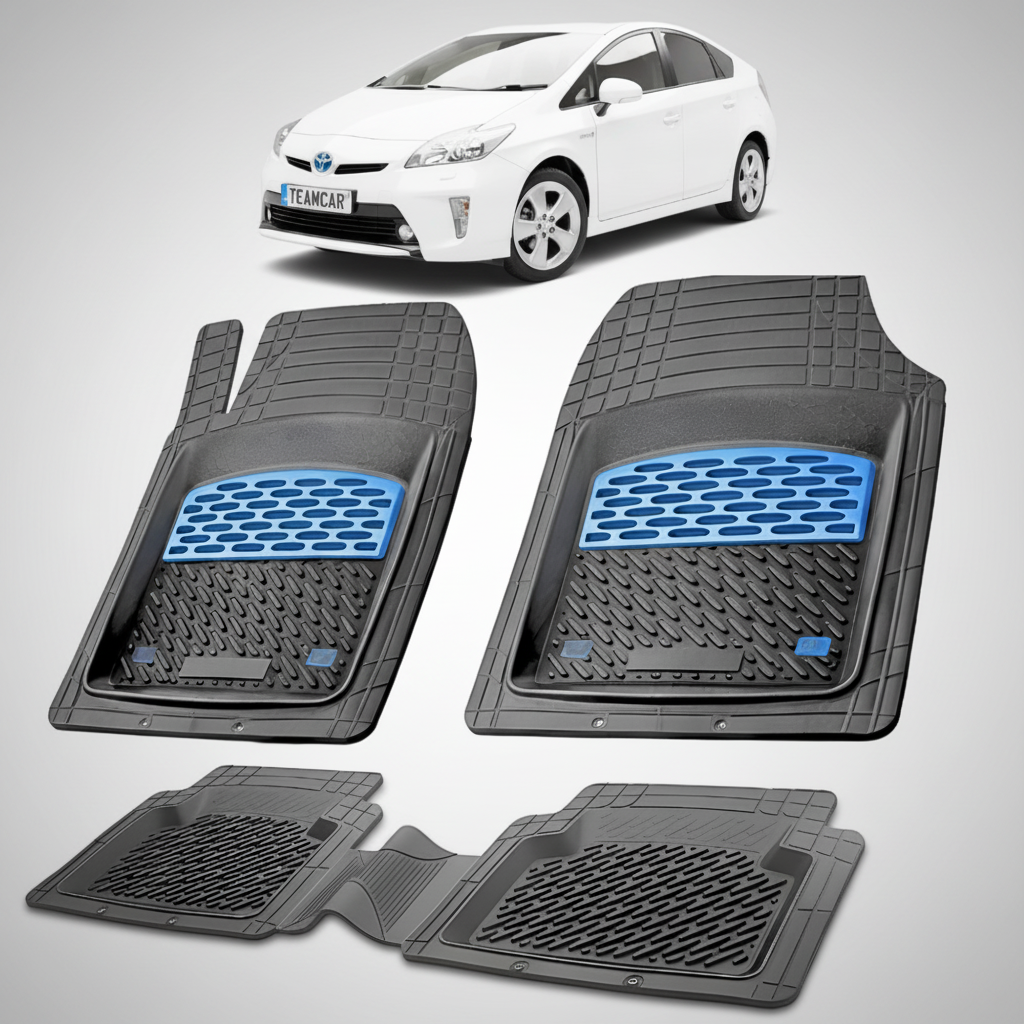 set de covorase din cauciuc negre cu accente albastre cu o toyota prius xw30 hatchback alba in fundal