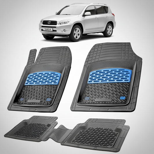 set de covorase din cauciuc negre cu accente albastre cu o toyota rav 4 xa30 suv gri in fundal