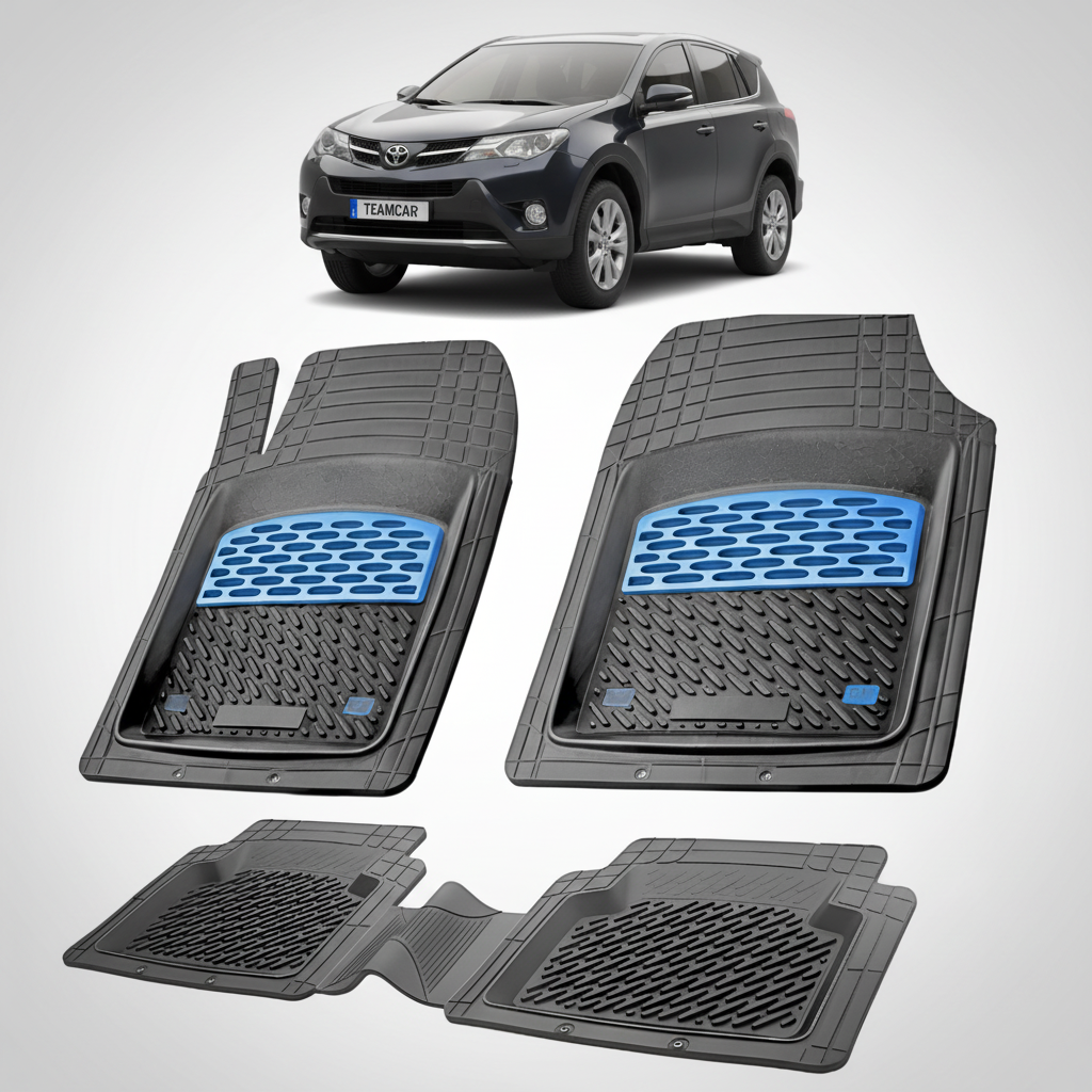set de covorase din cauciuc negre cu accente albastre cu o toyota rav 4 xa40 suv negru in fundal
