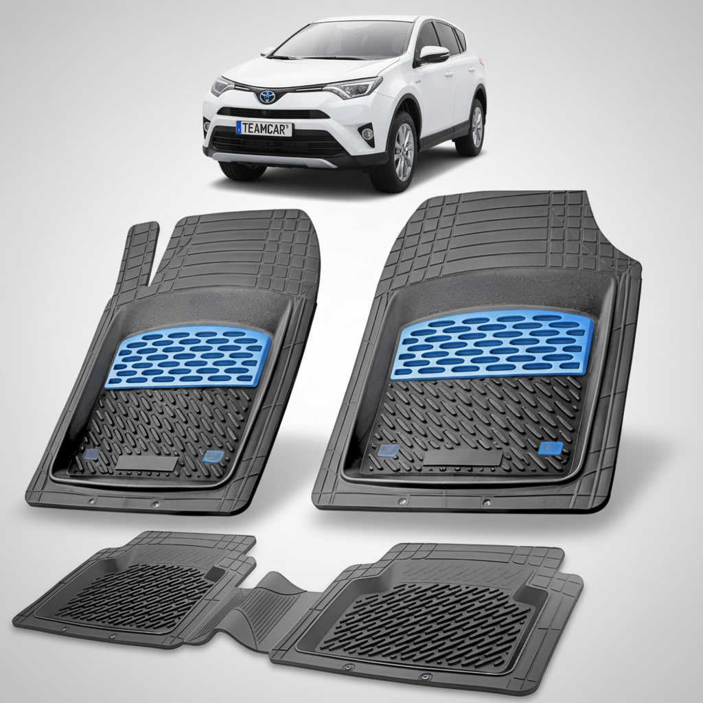 set de covorase din cauciuc negre cu accente albastre cu o toyota rav 4 xa40 suv alba in fundal