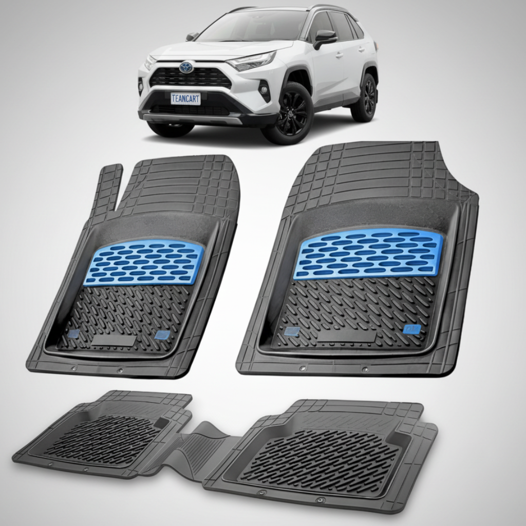 set de covorase din cauciuc negre cu accente albastre cu o toyota rav 4 xa50 suv alba in fundal