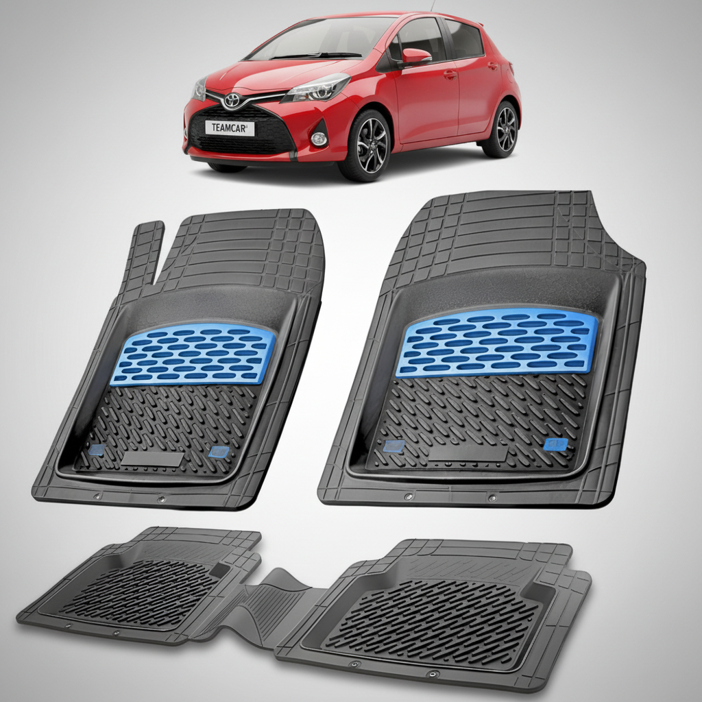 set de covorase din cauciuc negre cu accente albastre cu o toyota yaris xp130 hatchback rosie in fundal