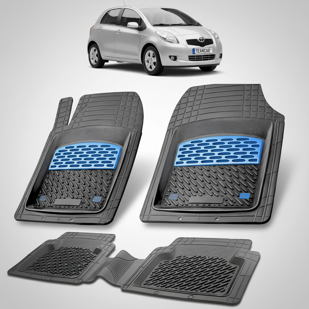 set de covorase din cauciuc negre cu accente albastre cu o toyota yaris xp90 hatchback gri in fundal