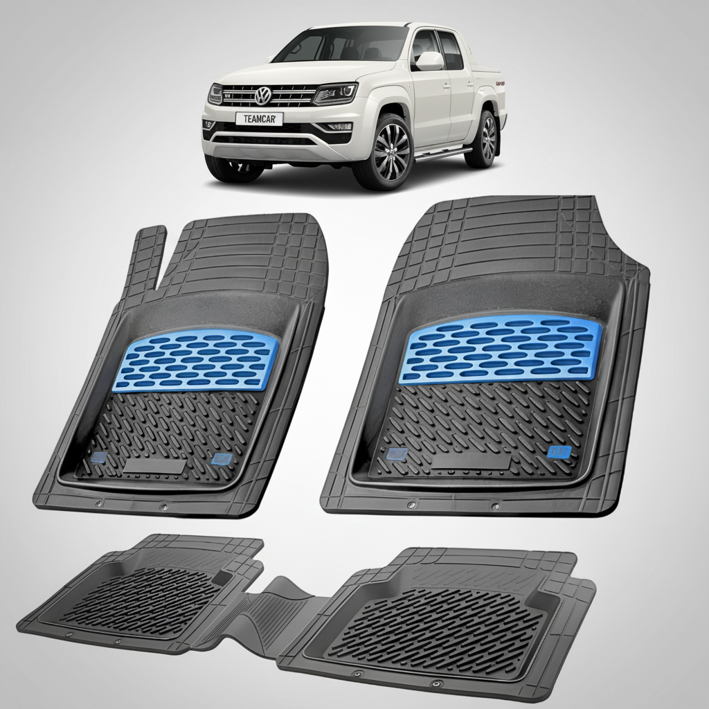 set de covorase din cauciuc negre cu accente albastre cu un volkswagen amarok 1 2h pickup alb in fundal