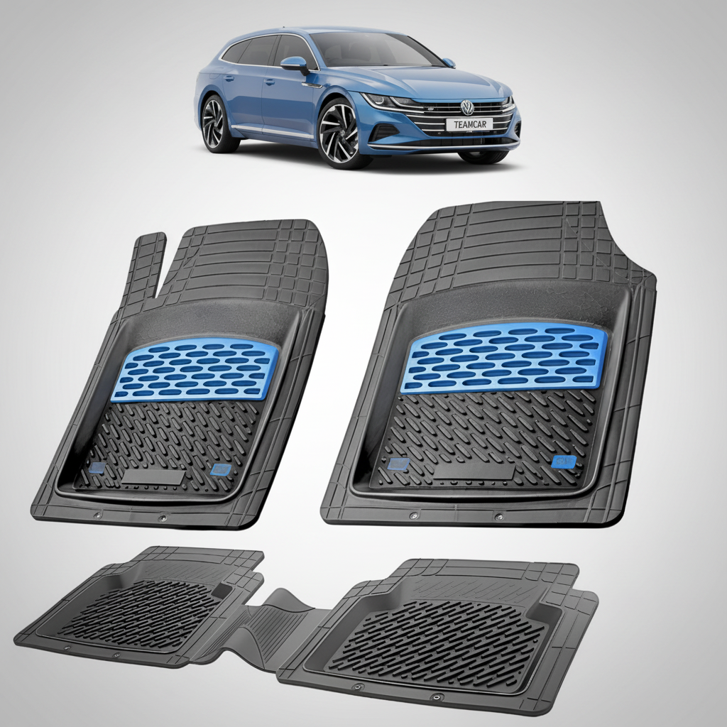 set de covorase din cauciuc negre cu accente albastre cu un volkswagen arteon 3h shooting brake albastru  in fundal