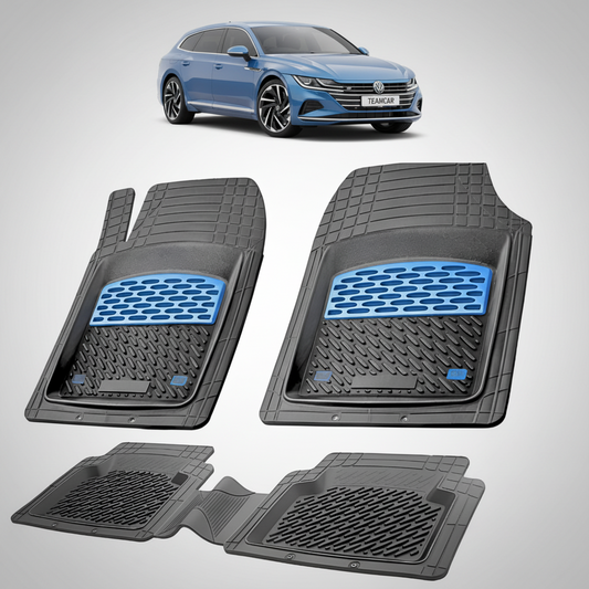 set de covorase din cauciuc negre cu accente albastre cu un volkswagen arteon 3h shooting brake albastru  in fundal