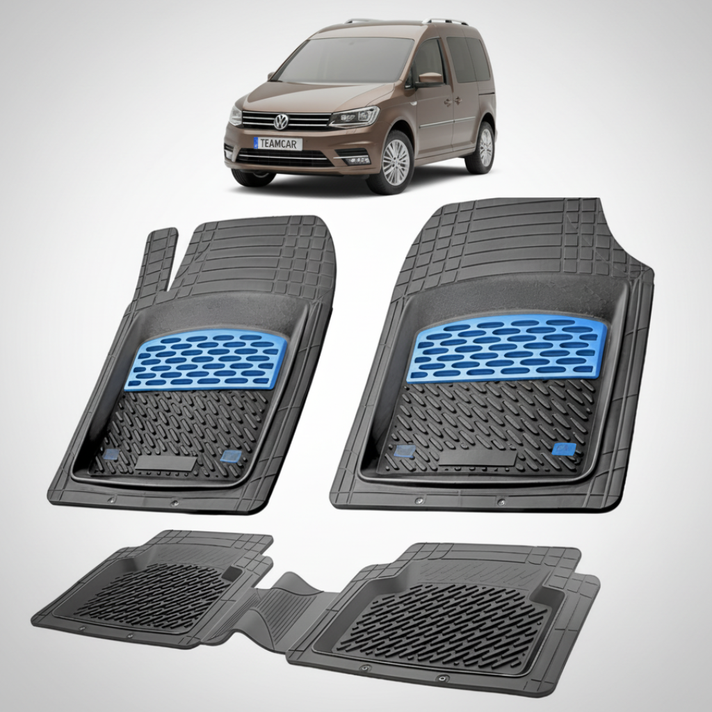 set de covorase din cauciuc negre cu accente albastre cu un volkswagen caddy 4 sa van combi maro inchis in fundal