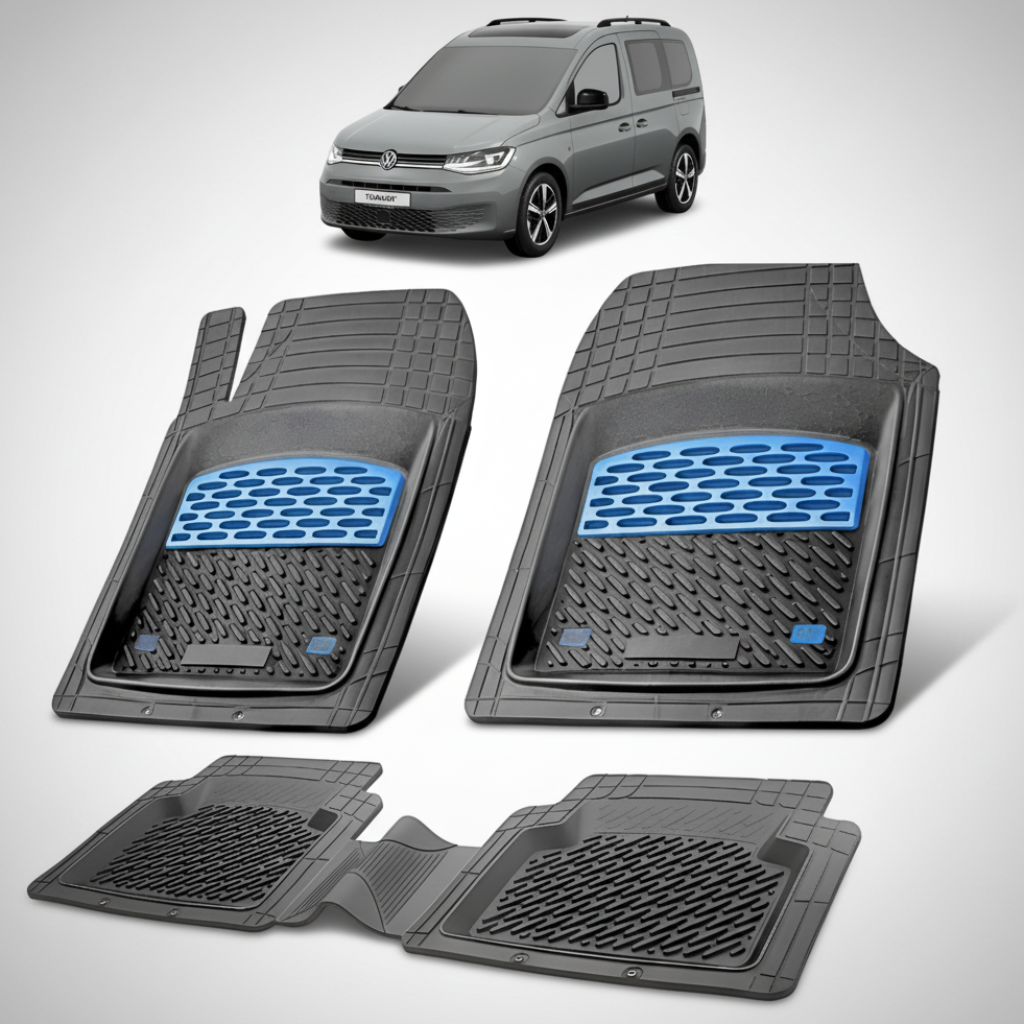 set de covorase din cauciuc negre cu accente albastre cu un volkswagen caddy 5 sb van combi gri inchis in fundal