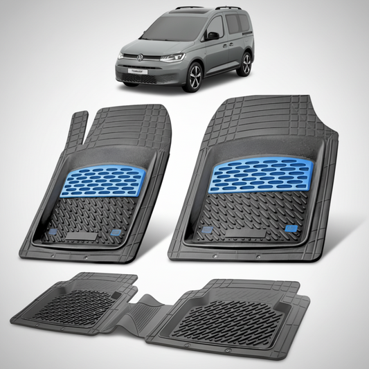 set de covorase din cauciuc negre cu accente albastre cu un volkswagen caddy 5 sb van combi gri inchis in fundal