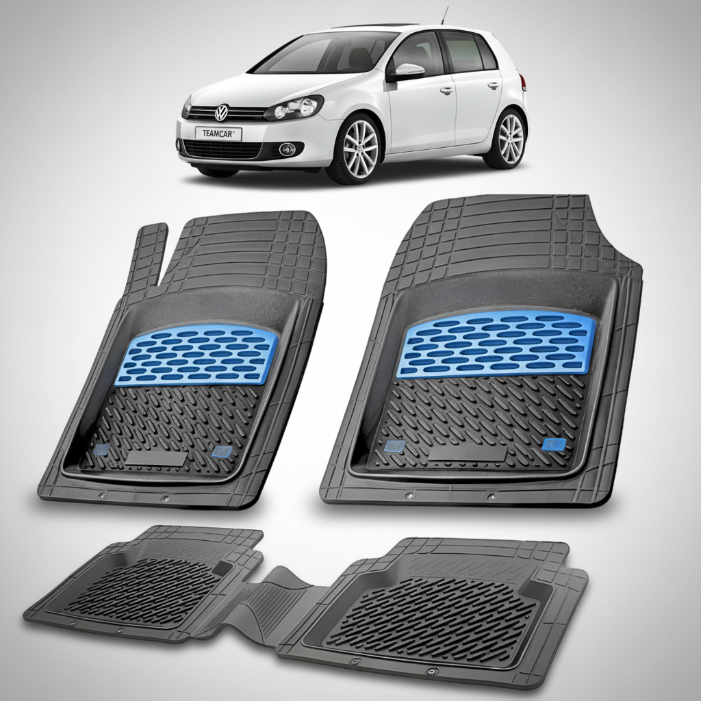set de covorase din cauciuc negre cu accente albastre cu un volkswagen golf 6 hatchback 5 usi alb in fundal