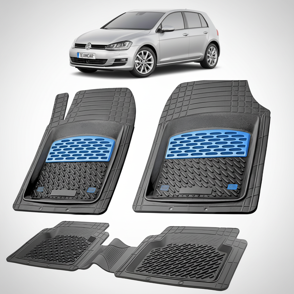 set de covorase din cauciuc negre cu accente albastre cu un volkswagen golf 7 hatchback gri deschis in fundal