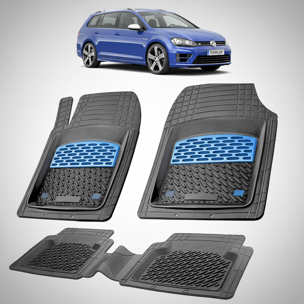 set de covorase din cauciuc negre cu accente albastre cu un volkswagen golf 7 variant albastru in fundal