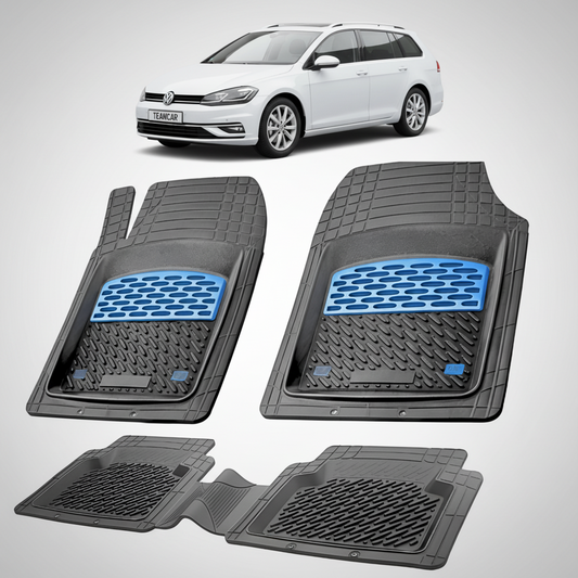 set de covorase din cauciuc negre cu accente albastre cu un volkswagen golf 7 variant alb in fundal