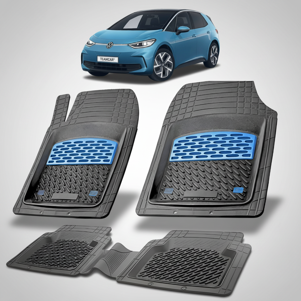 set de covorase din cauciuc negre cu accente albastre cu un volkswagen id.3 albastru in fundal
