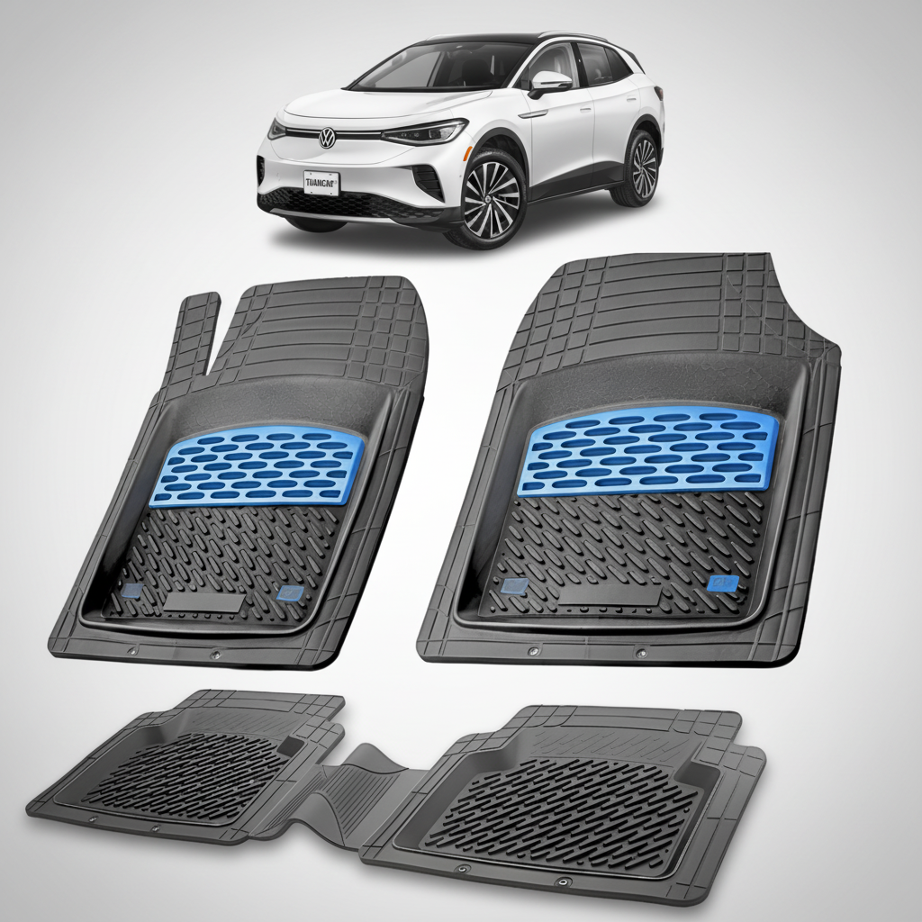 set de covorase din cauciuc negre cu accente albastre cu un volkswagen id.4 e21 electric suv alb in fundal