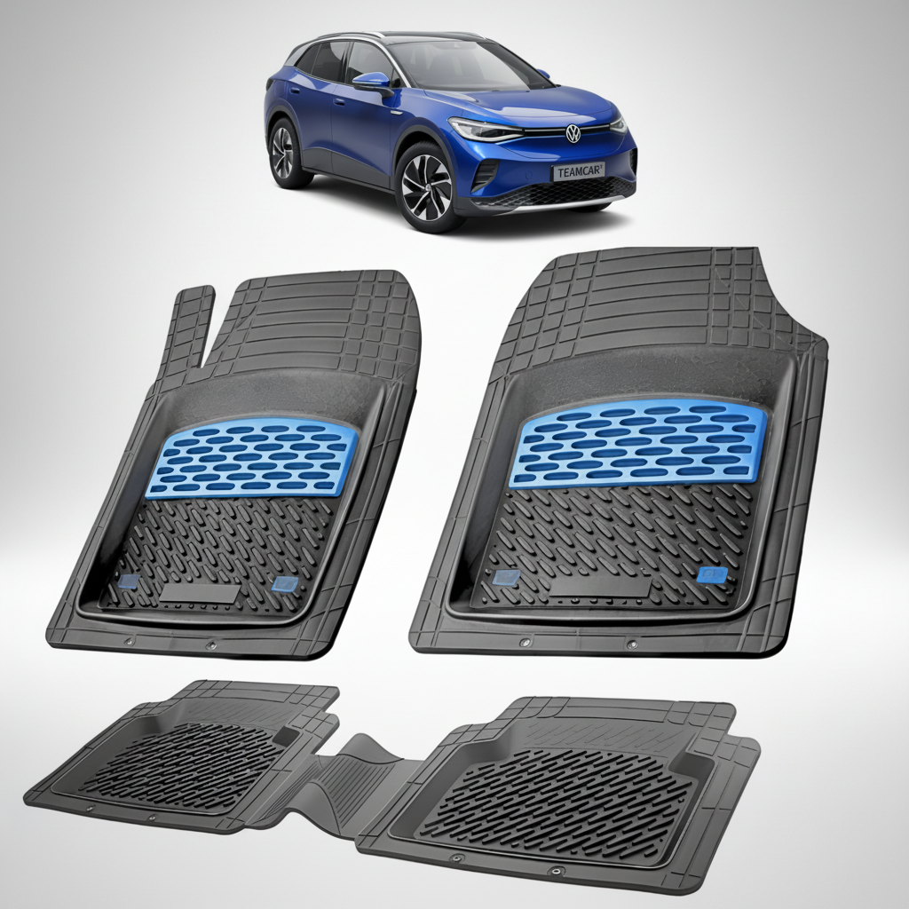 set de covorase din cauciuc negre cu accente albastre cu un volkswagen id.4 albastru in fundal