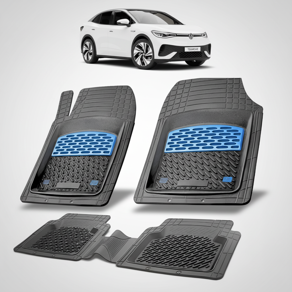 set de covorase din cauciuc negre cu accente albastre cu un volkswagen id.5 e25 alb in fundal