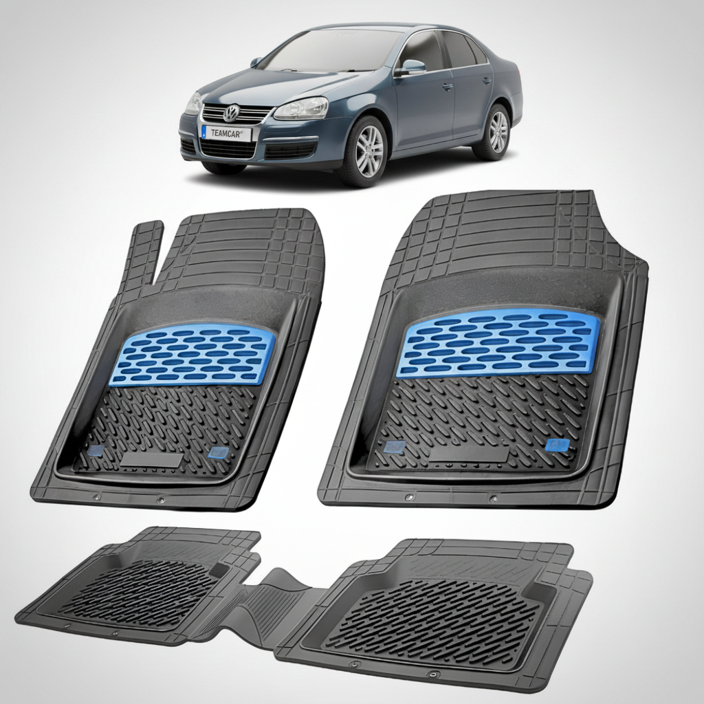 set de covorase din cauciuc negre cu accente albastre cu un volkswagen jetta 5 sedan albastru gri metalizat in fundal