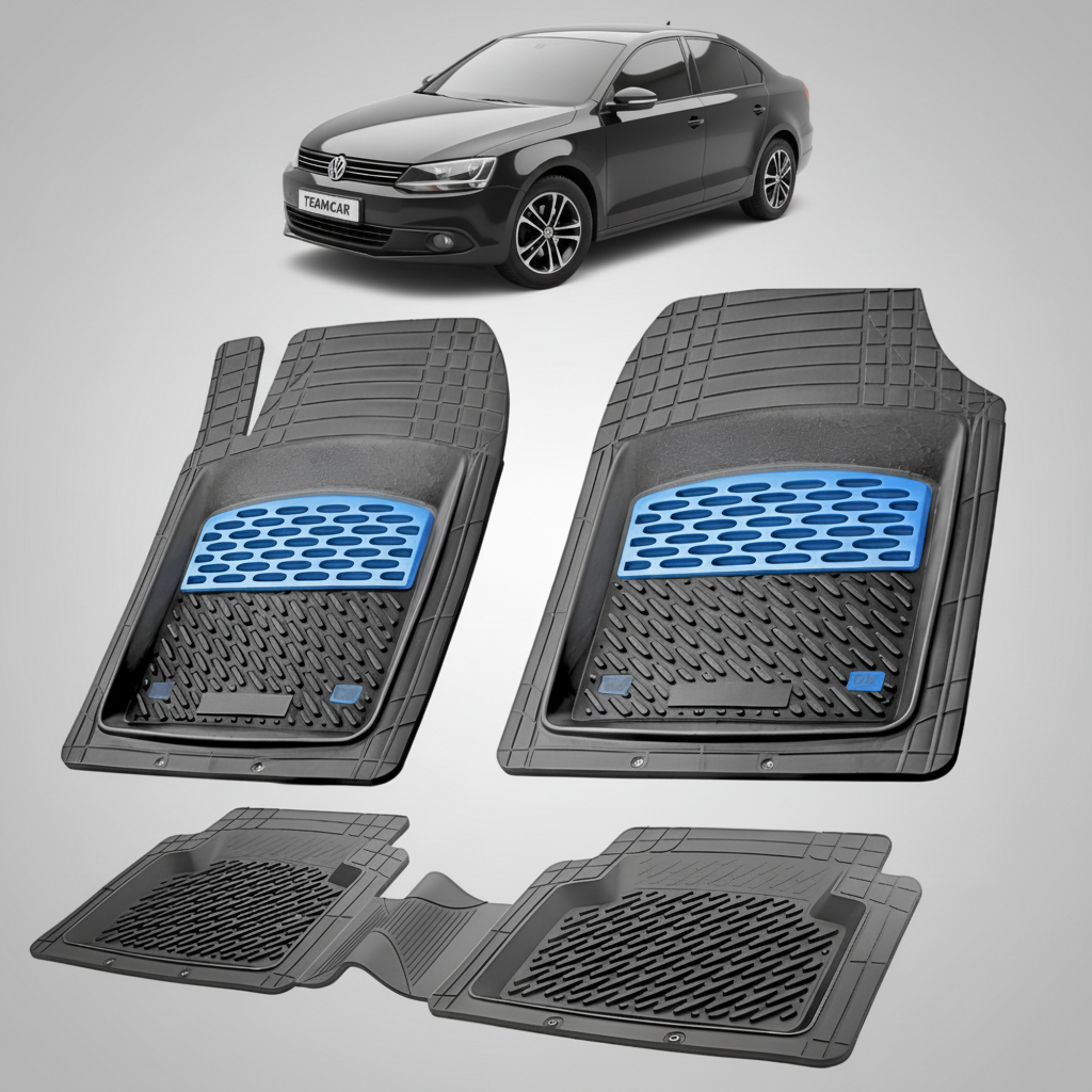 set de covorase din cauciuc negre cu accente albastre cu un volkswagen jetta 6 sedan negru in fundal