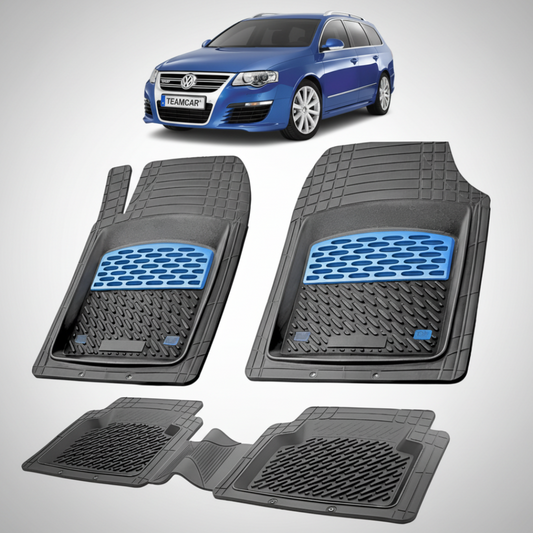 set de covorase din cauciuc negre cu accente albastre cu un Volkswagen passat b5/b6 albastru in fundal