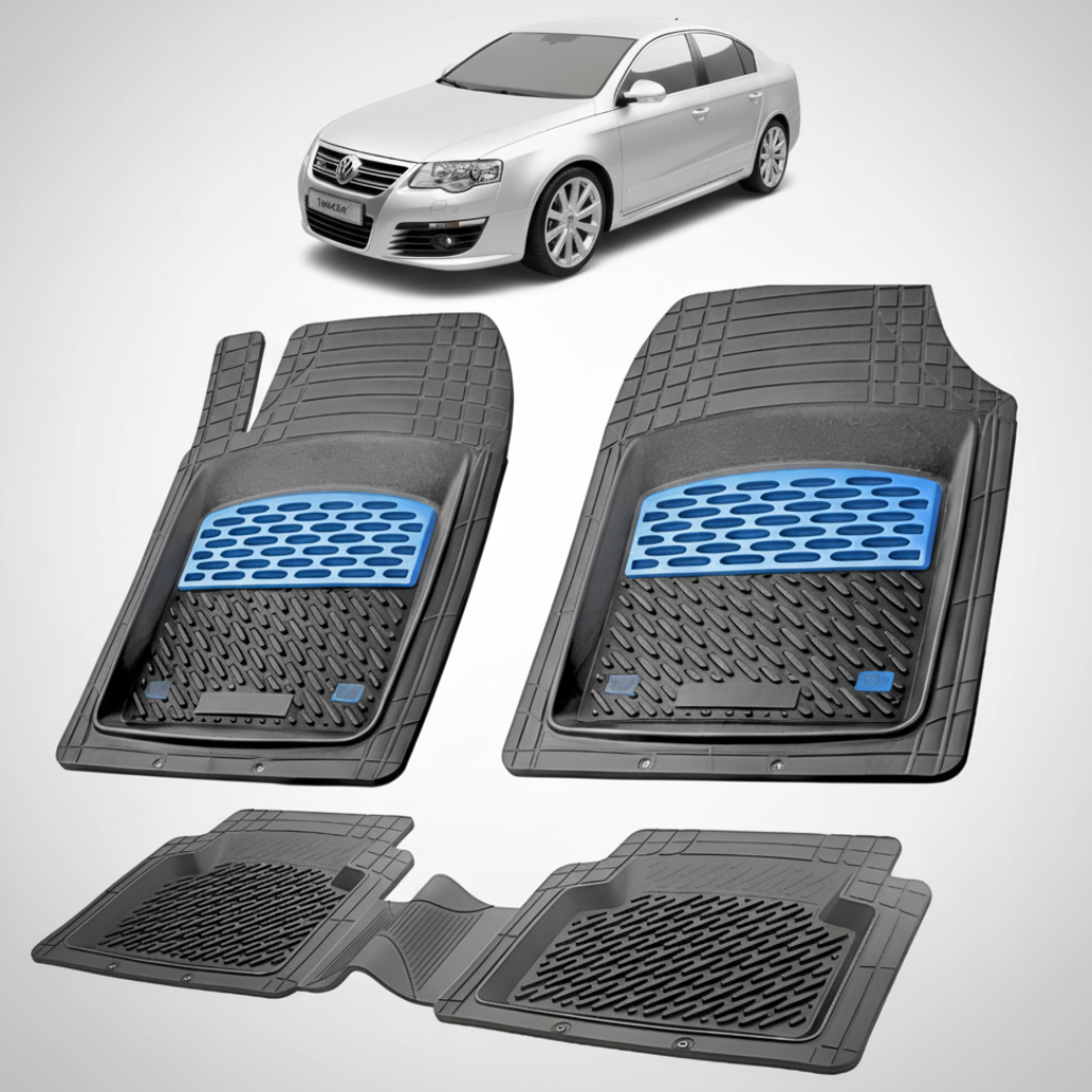 set de covorase din cauciuc negre cu accente albastre cu un Volkswagen passat b6 sedan gri in fundal