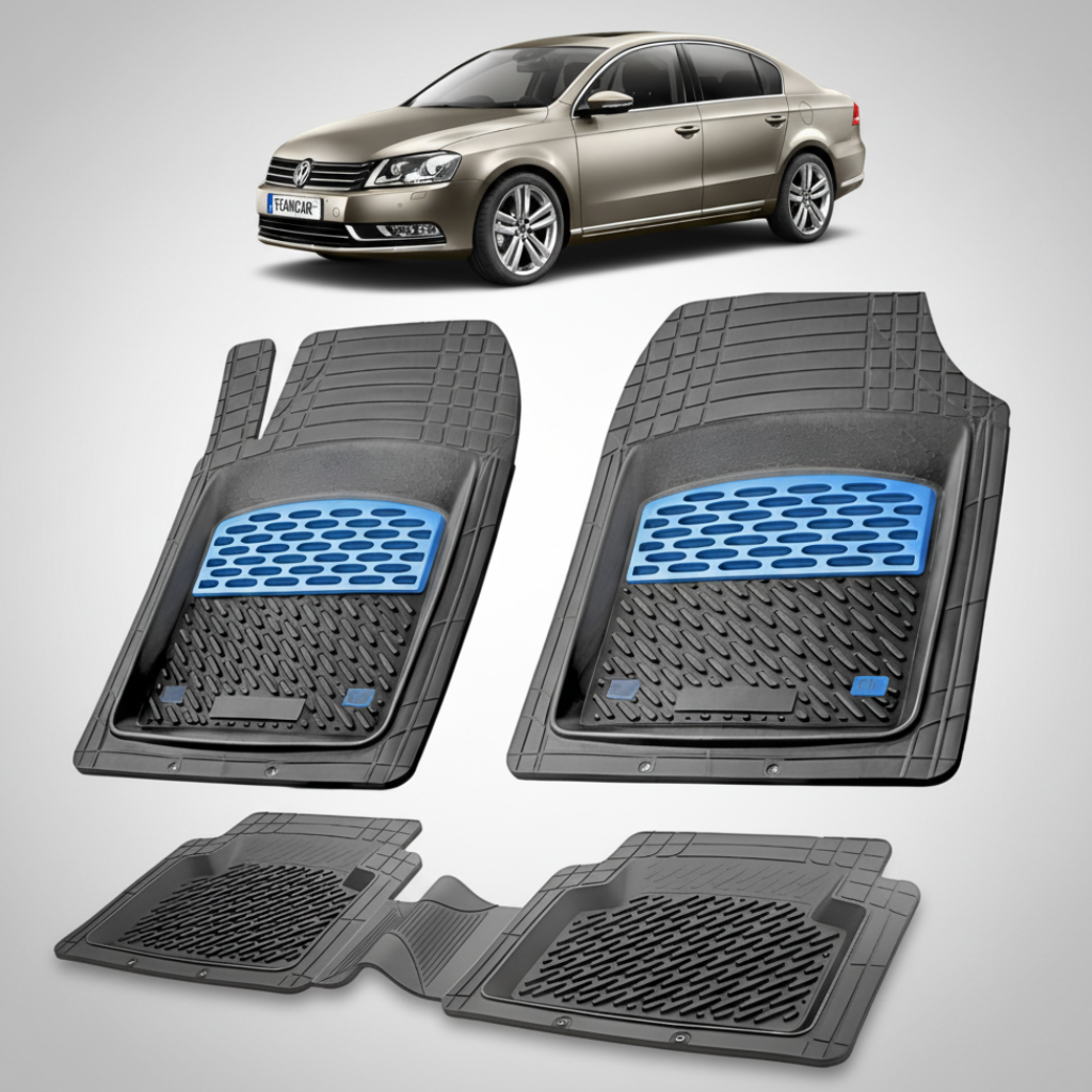 set de covorase din cauciuc negre cu accente albastre cu un Volkswagen passat b7 sedan gri metalizat in fundal