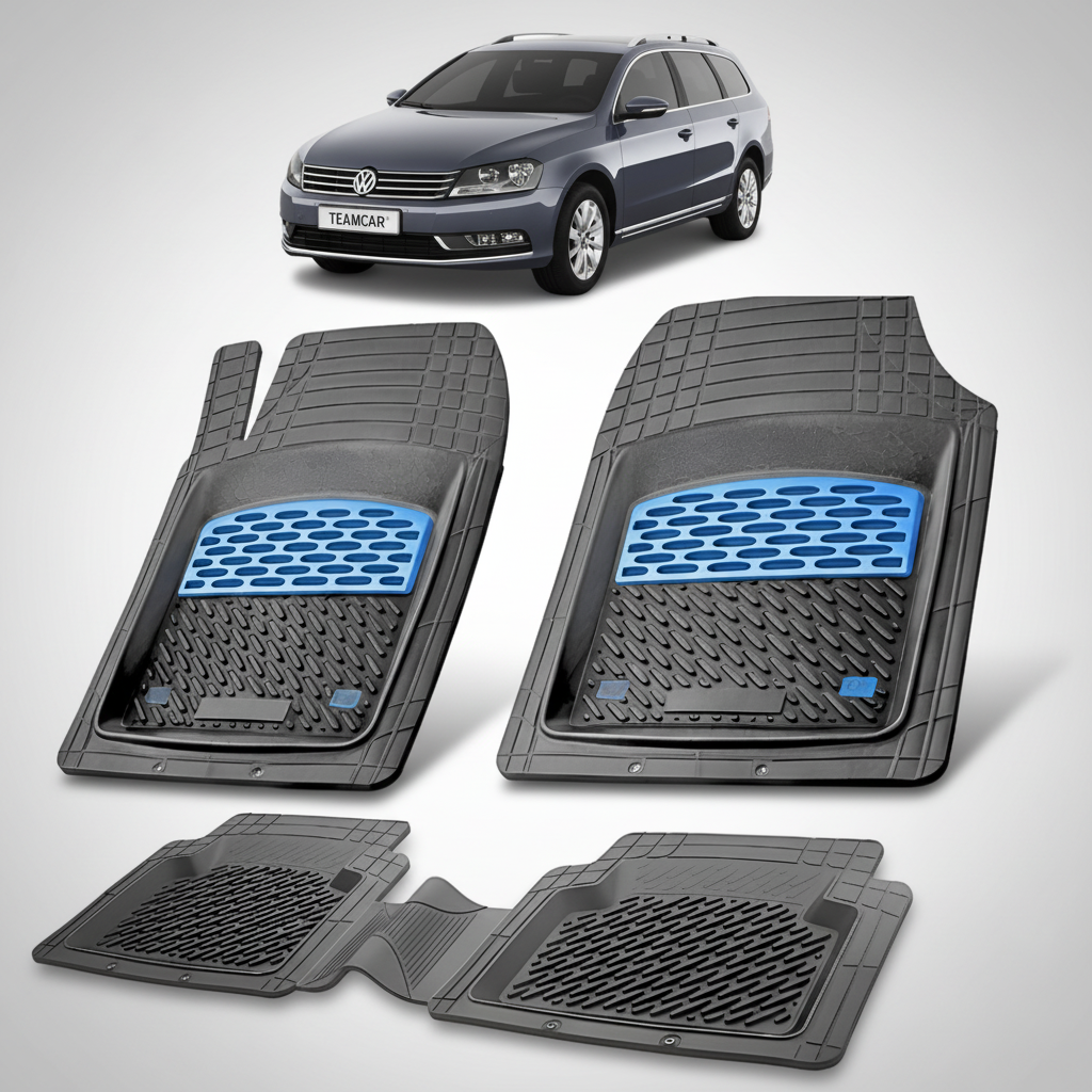 set de covorase din cauciuc negre cu accente albastre cu un volkswagen passat b7 variant break gri inchis metalizat in fundal